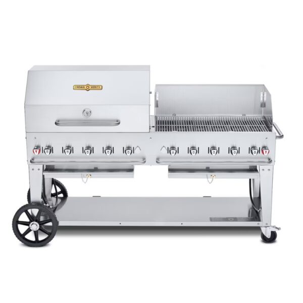 Large stainless steel outdoor grill with multiple burners and wheels for easy mobility, ideal for barbecuing and outdoor cooking.