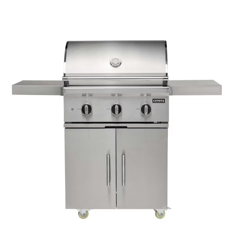 Stainless steel outdoor gas grill with three burners, side shelves, and storage cabinets on wheels.