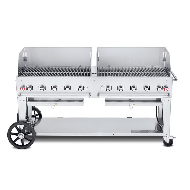 Stainless steel double grill with multiple burners and wheels for easy mobility, designed for outdoor cooking and barbecues.