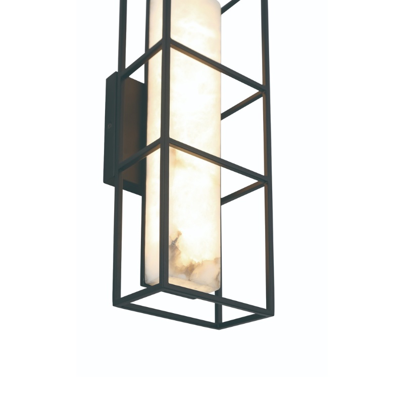 Modern wall sconce featuring a cylindrical frosted glass shade enclosed in a black metal frame, ideal for stylish indoor lighting.