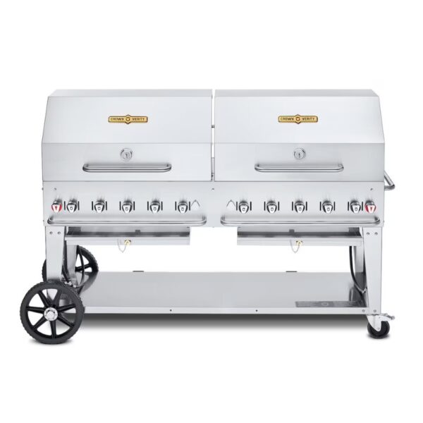 Stainless steel commercial grill with double cooking chambers, multiple burners, and wheels for mobility. Ideal for outdoor barbecues and large gatherings.