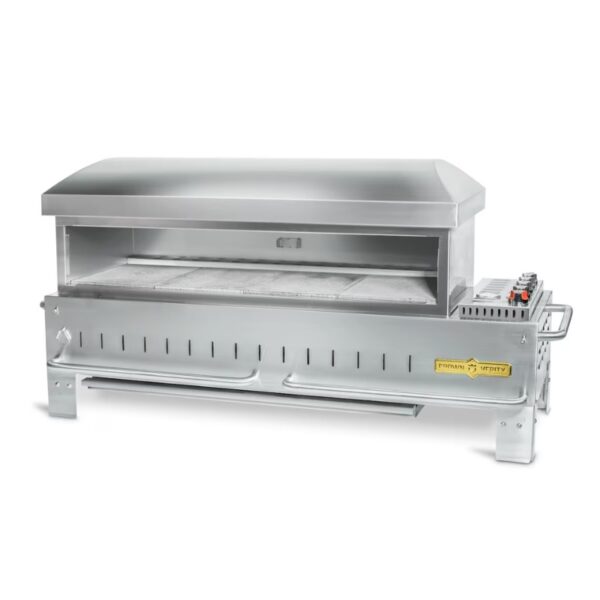 Stainless steel commercial pizza oven with a large cooking chamber and control panel, designed for efficient pizza baking.