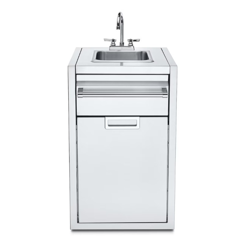 Sleek stainless steel sink unit with a single basin, a modern faucet, a drawer for storage, and a cabinet below. Ideal for outdoor kitchens or utility areas.