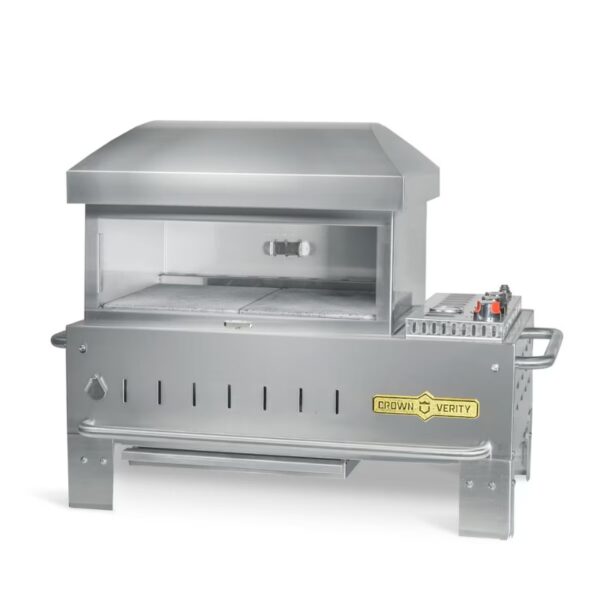 Stainless steel outdoor pizza oven with a glass front, adjustable temperature controls, and a spacious cooking area for multiple pizzas.