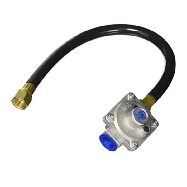 Gas regulator with a flexible black hose and brass fittings, designed for secure gas flow control in appliances.