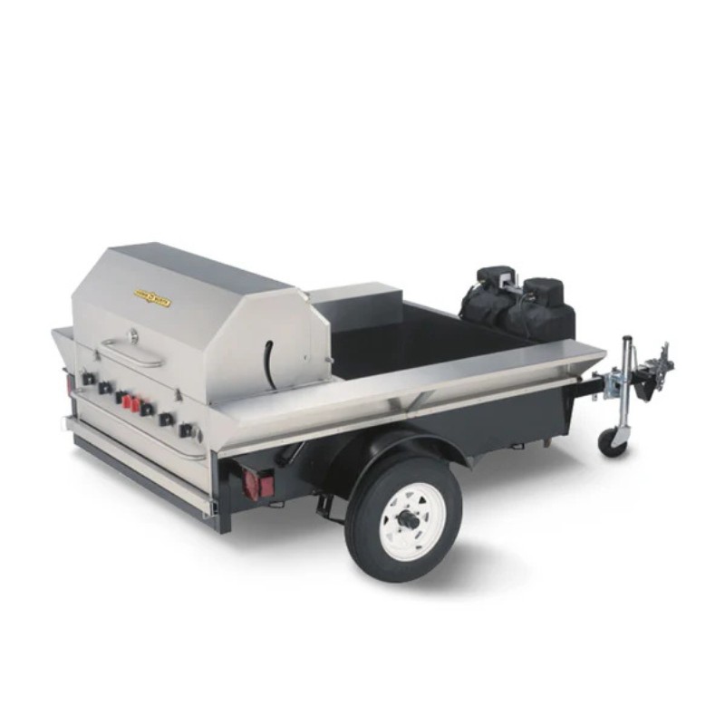 Portable stainless steel grill trailer with multiple burners and storage compartments, designed for outdoor cooking and barbecues.
