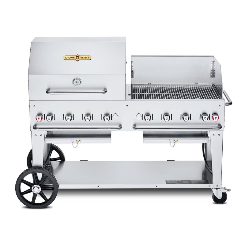 Stainless steel commercial gas grill with multiple burners and large cooking surface, featuring a side shelf and wheels for mobility.