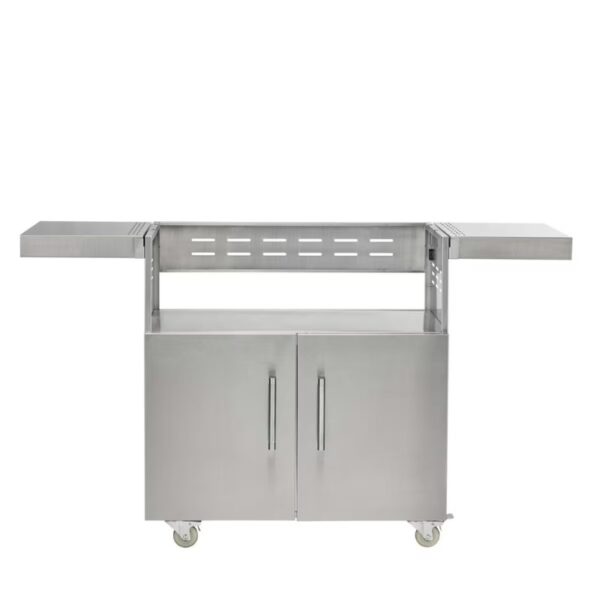 Stainless steel kitchen cart with two cabinets, adjustable side shelves, and wheels for easy mobility.