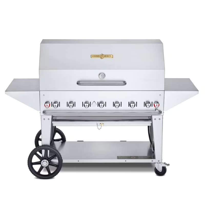 f381d8d3-b4e2-484e-bb92-08ea7b780440.jpg Stainless steel gas grill with six burners, side shelves, and wheels for mobility. Ideal for outdoor cooking and barbecues.
