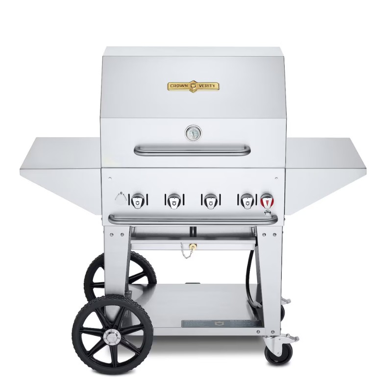 Stainless steel gas grill with four burners, a front-mounted temperature gauge, and side shelves on a wheeled cart for easy mobility.