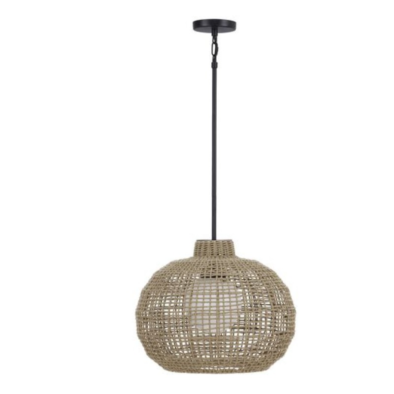 Woven rattan pendant light with a black metal fixture, ideal for adding a rustic touch to home decor.