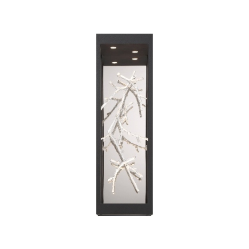 Contemporary wall-mounted light fixture featuring a sleek black frame and abstract branch design illuminated with integrated lighting.