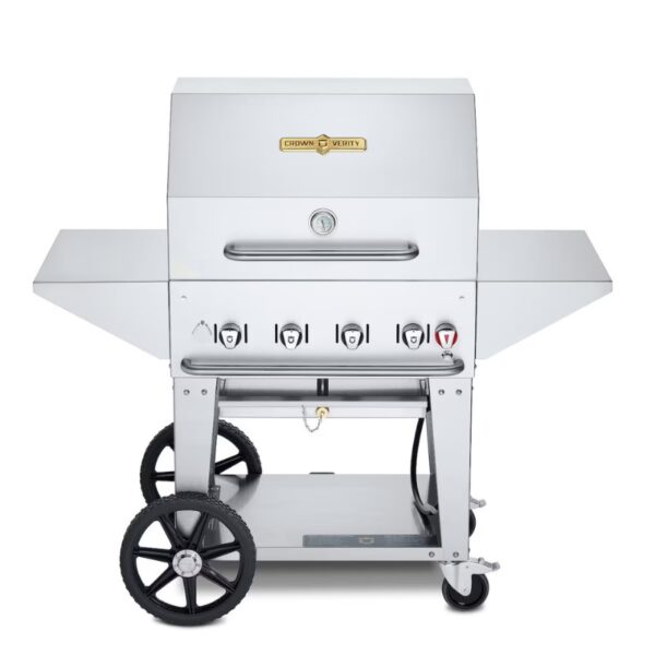 Stainless steel gas grill on wheels with four burners, side shelves, and temperature gauge. Ideal for outdoor cooking and barbecues.