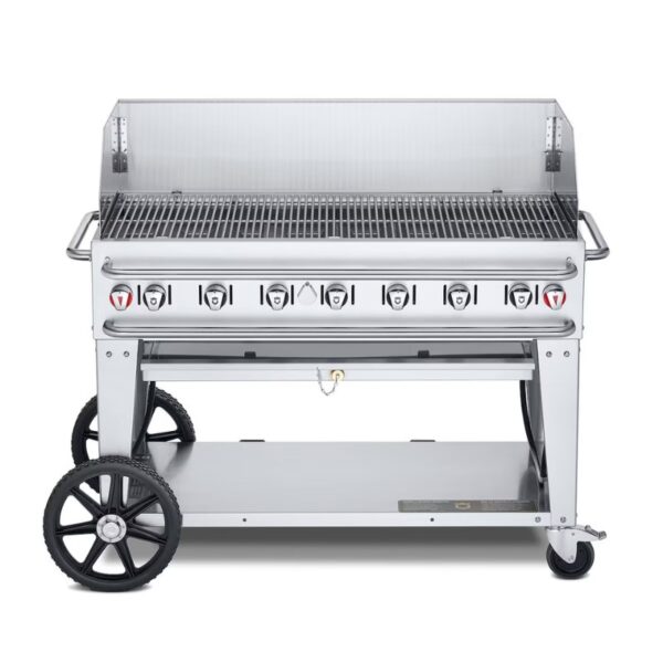 Stainless steel gas grill with multiple burners, side shelves, and large wheels for easy mobility. Ideal for outdoor cooking and barbecues.