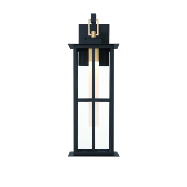 Modern black outdoor lantern with glass panels and a gold accent, designed for stylish exterior illumination.