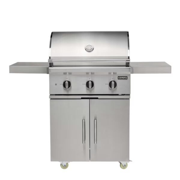 Stainless steel gas grill with three burners, side shelves, and storage cabinets on wheels for easy mobility.