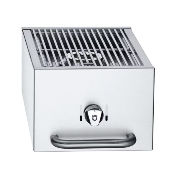 Stainless steel countertop grill with a slotted grilling surface and a front control knob for temperature adjustment.