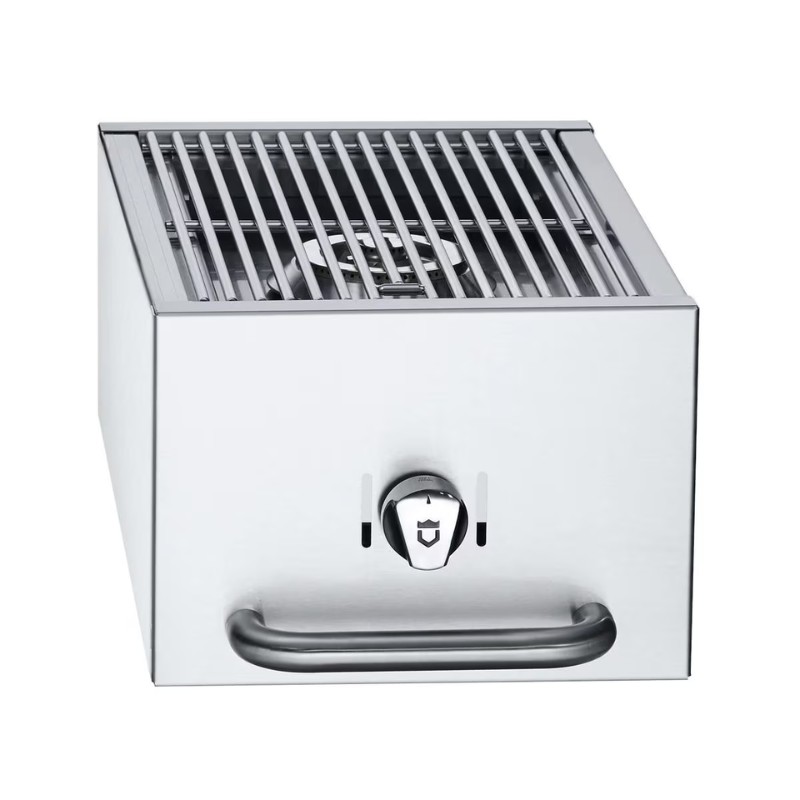 Stainless steel countertop grill with a slotted grilling surface and a front control knob for temperature adjustment.