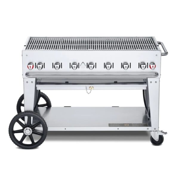 Stainless steel gas grill with multiple burners, a spacious cooking surface, and wheeled cart for mobility.