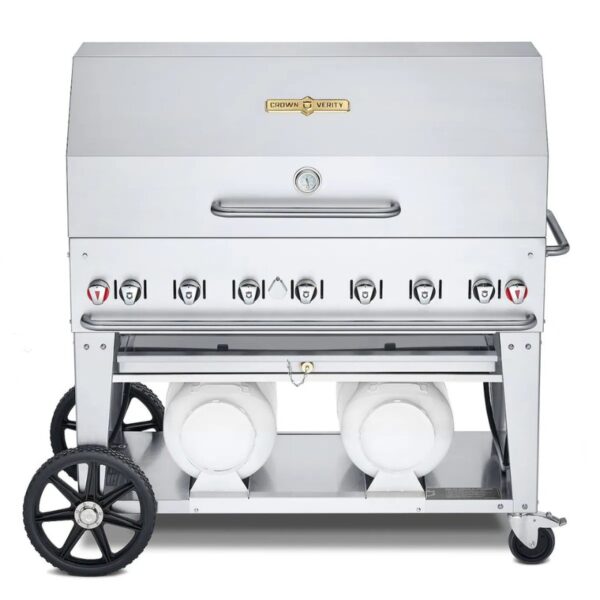 Stainless steel commercial gas grill with multiple burners and two propane tanks, designed for outdoor cooking.