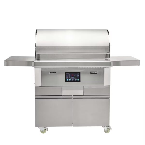 Stainless steel outdoor grill with digital control panel and side shelves, designed for efficient cooking and storage.