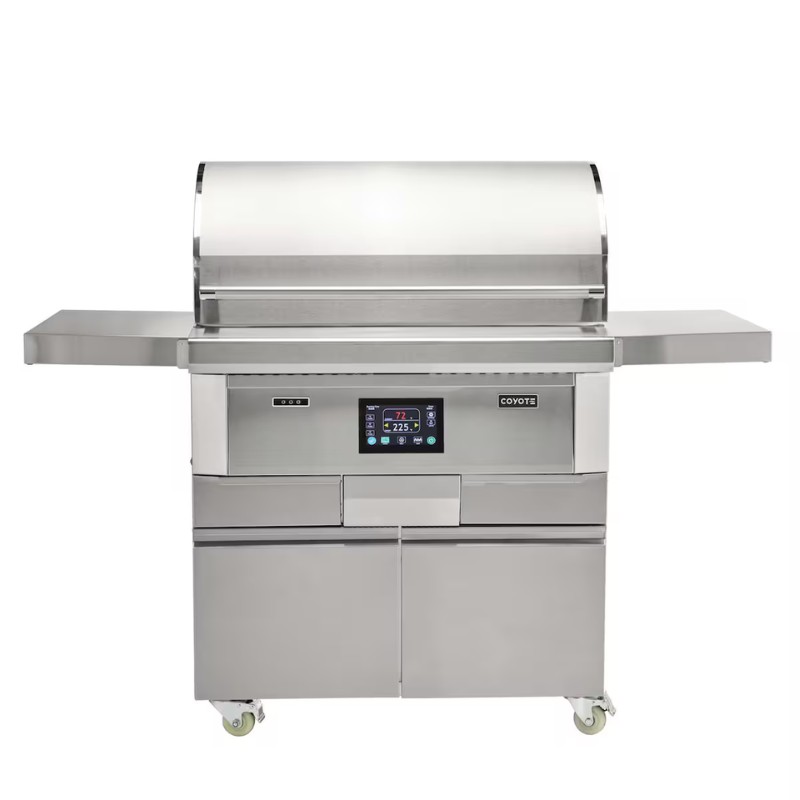 Stainless steel outdoor grill with digital control panel and side shelves, designed for efficient cooking and storage.