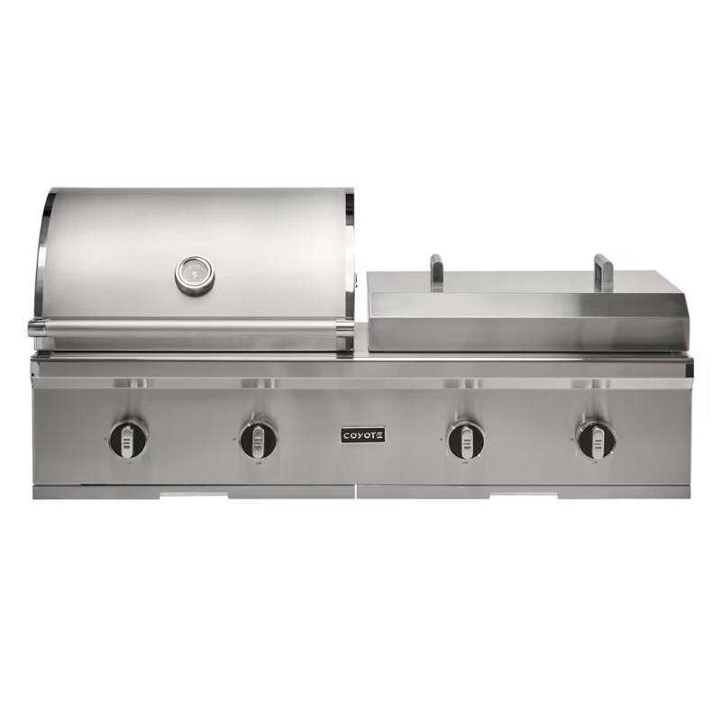 Stainless steel outdoor gas grill with four burners, a lid, and a side griddle, designed for efficient grilling and cooking.