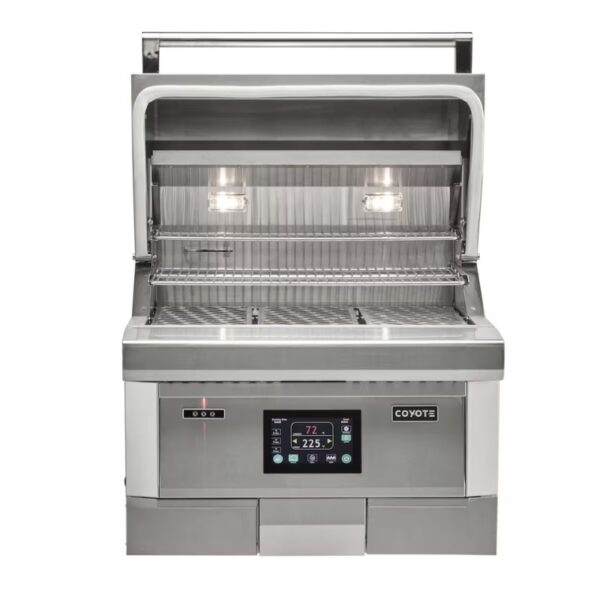 Stainless steel outdoor grill with an open lid, featuring interior lights and a digital control panel displaying temperature settings.