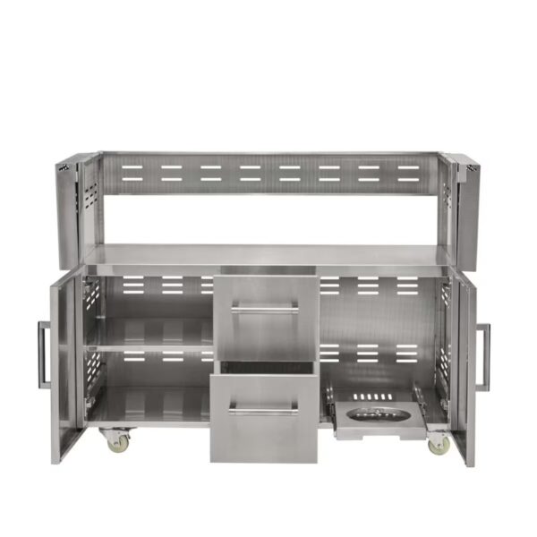 Stainless steel outdoor kitchen cart with open shelving, drawers, and a side shelf for grilling accessories. Ideal for backyard cooking and entertaining.