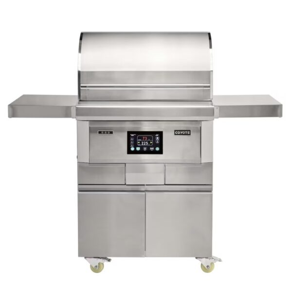 Stainless steel outdoor grill with digital control panel, side shelves, and storage drawers, ideal for backyard cooking.