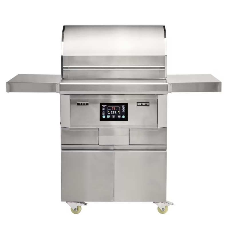 Stainless steel outdoor grill with digital control panel, side shelves, and storage drawers, ideal for backyard cooking.