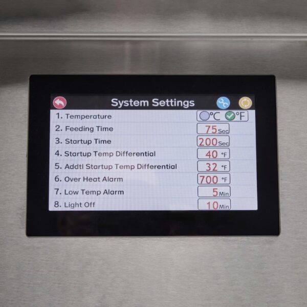 Digital control panel displaying system settings for temperature, feeding time, startup time, and alarm thresholds.