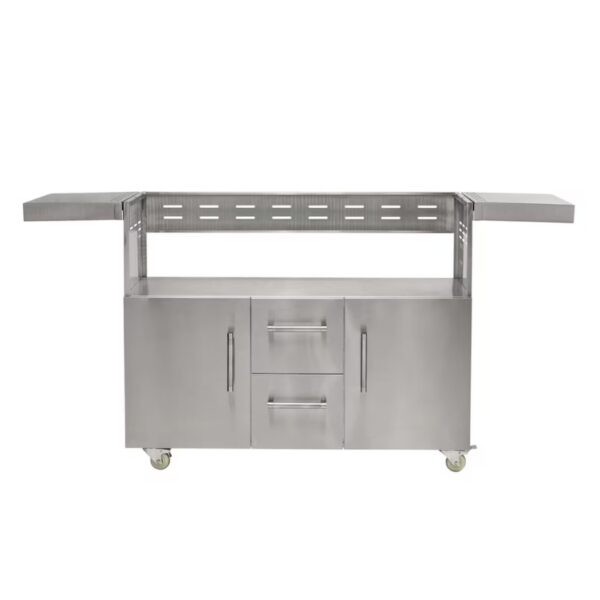 Stainless steel kitchen cart with two drawers and two cabinets, featuring foldable side shelves and wheels for mobility.