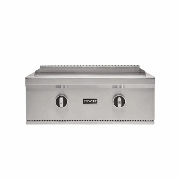 Stainless steel Coyote outdoor grill with two control knobs and a smooth cooking surface, designed for efficient grilling and durability.