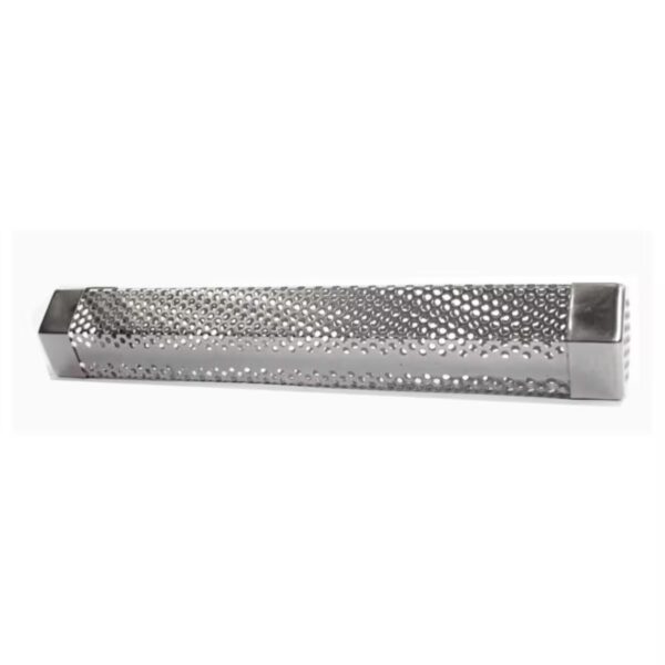 Stainless steel grater with a perforated design for efficient food preparation.