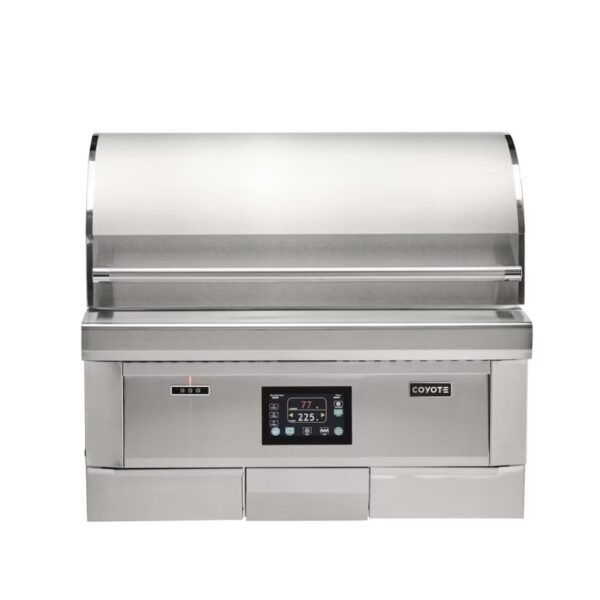 Stainless steel outdoor grill with digital control panel and hood, designed for efficient cooking.
