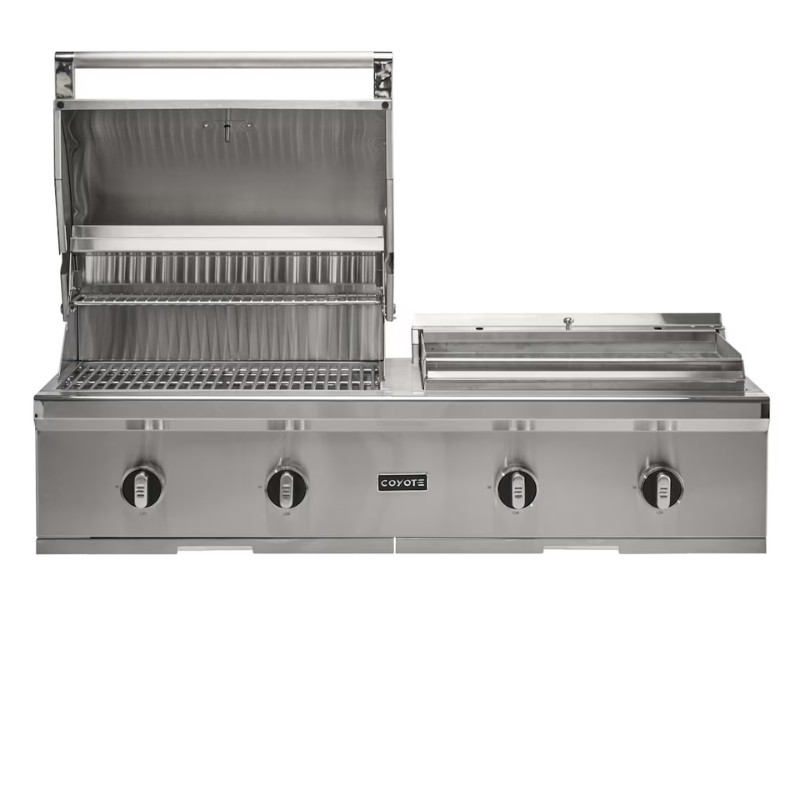 Stainless steel outdoor grill with four burners, an open lid, and a side burner for versatile cooking options.
