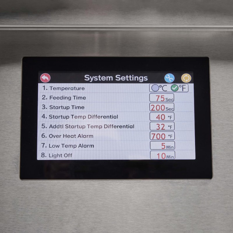 Control panel displaying system settings for temperature, feeding time, startup time, temperature differentials, and alarm settings in a modern device.