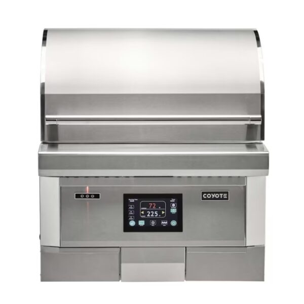 Stainless steel outdoor grill with digital control panel displaying temperature settings and brand logo.