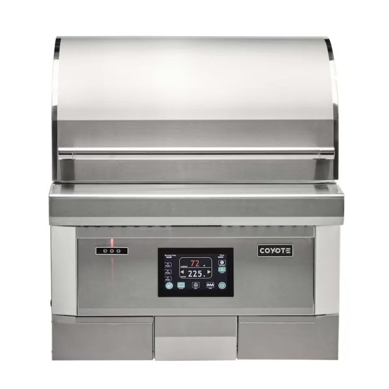 Stainless steel outdoor grill with digital control panel displaying temperature settings and brand logo.