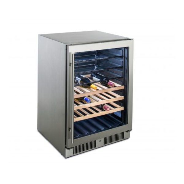 Wine cooler with glass door and wooden shelves displaying various bottles of wine.