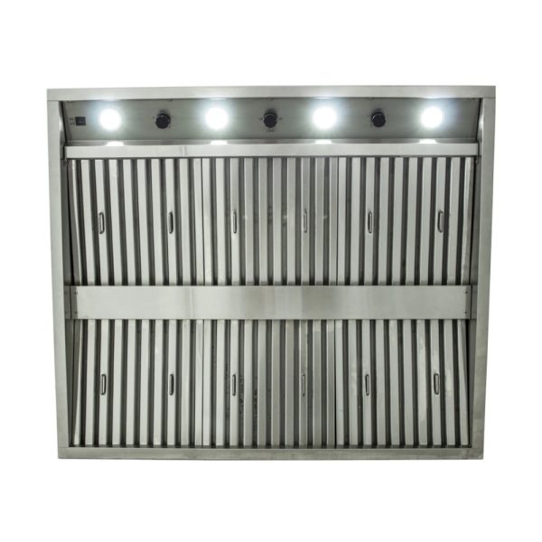 Stainless steel kitchen range hood with multiple ventilation slots and built-in lights, designed for efficient smoke and odor removal.