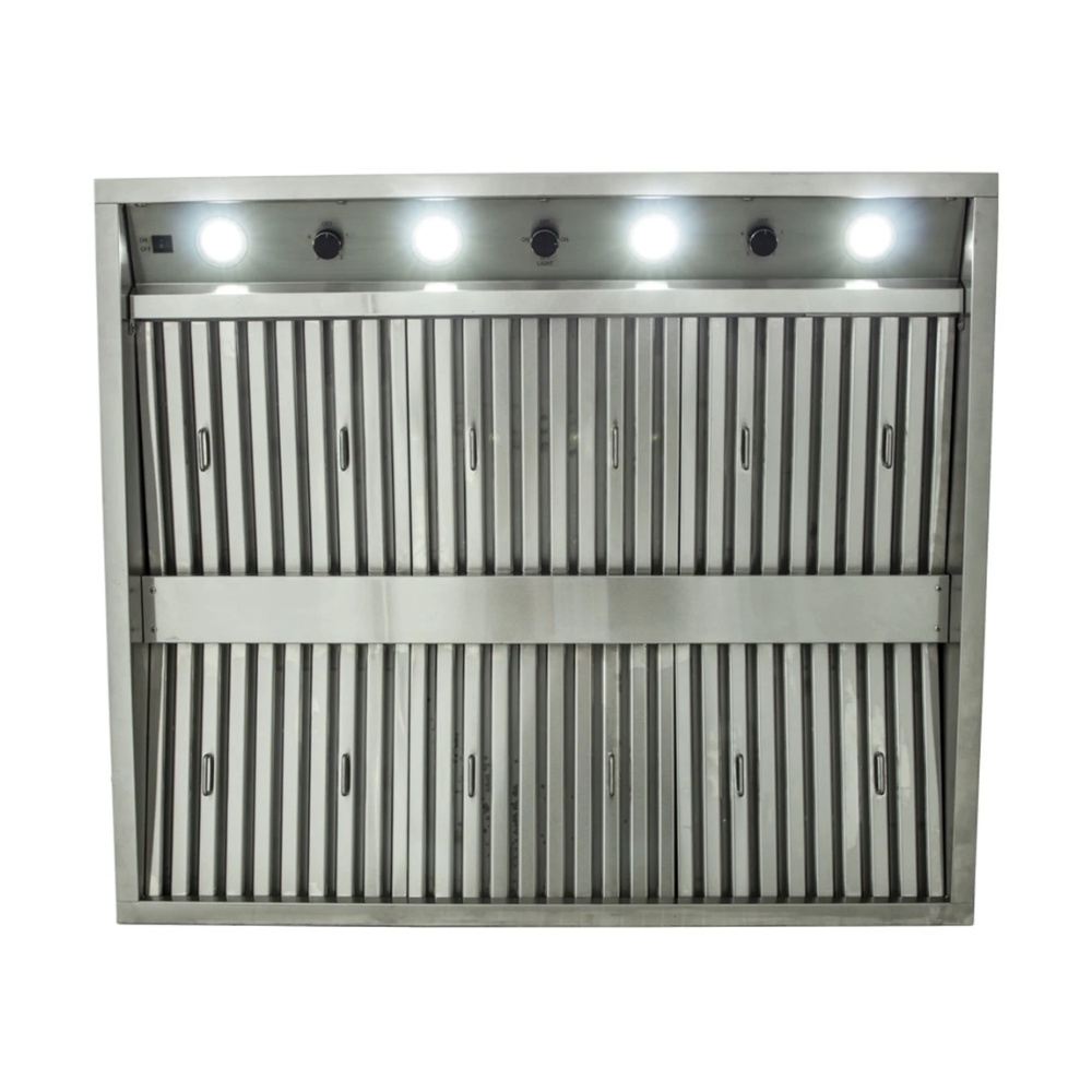 Stainless steel kitchen range hood with multiple ventilation slots and built-in lights, designed for efficient smoke and odor removal.
