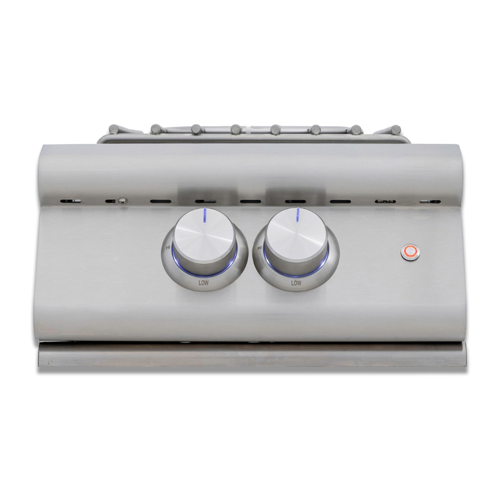 Stainless steel outdoor grill control panel featuring two temperature knobs and an ignition button.