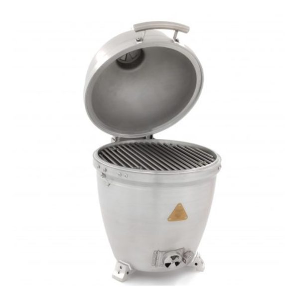 Stainless steel portable grill with an open lid and cooking grates inside, designed for outdoor use.