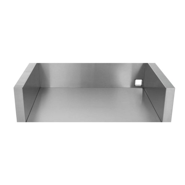 Stainless steel kitchen sink with a minimalist design and a square cutout for plumbing installation.