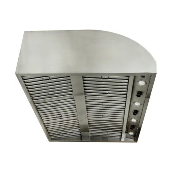 Stainless steel kitchen exhaust hood with adjustable filters and built-in lighting for enhanced ventilation and cooking efficiency.