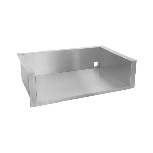 Stainless steel sink with a rectangular design and a single side wall, ideal for modern kitchens.
