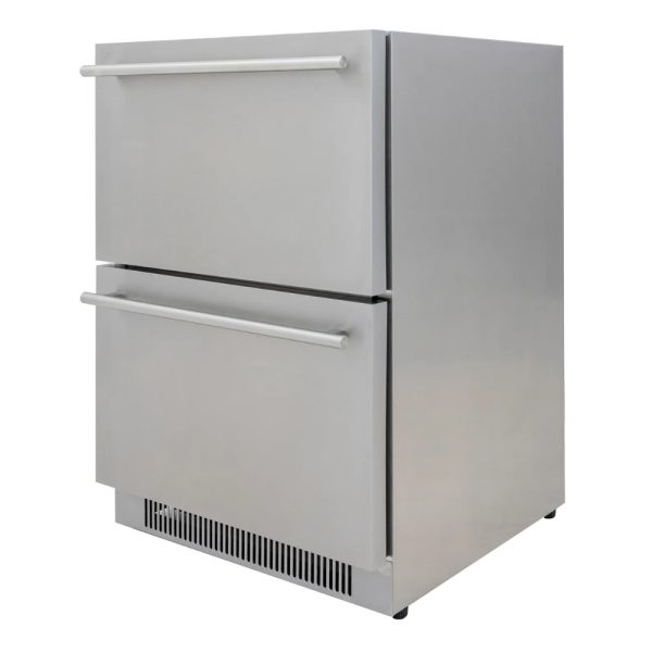 Stainless steel two-drawer refrigerator with sleek handles, designed for efficient food storage and modern kitchen aesthetics.
