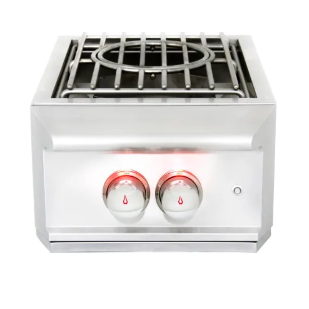 Stainless steel gas cooktop with two control knobs and a griddle surface, featuring illuminated indicators for cooking settings.